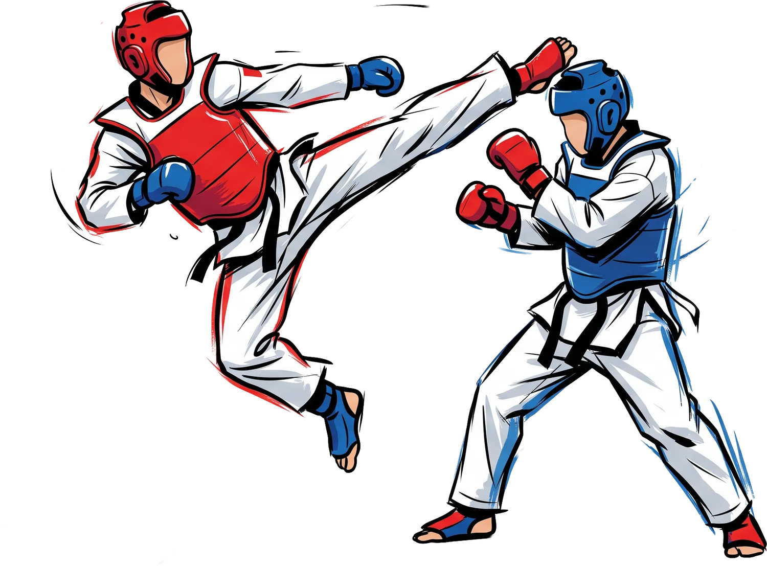 Two Taekwondo athletes sparring in red and blue hogu chest protectors, one landing a high roundhouse kick