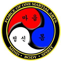 Force of One Martial Arts badge — a sam-taegeuk reading mind, body and spirit